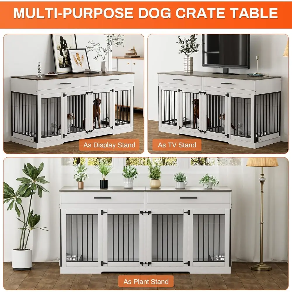 72" Dog Crate Furniture for 2 Dogs, Large Dog Kennel Furniture with 2 Storage Drawers and Removable Divider, Indoor Wooden Dog
