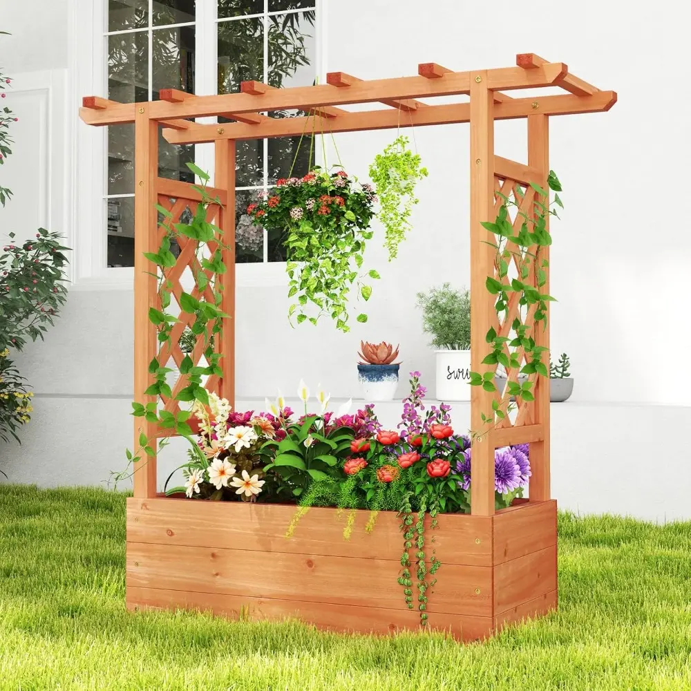 HAPPYGRILL Raised Garden Bed w/Trellis, 2 Wooden Elevated Planter Box w/Hanging Roof, Drainage Holes & Removable Bottom Panels f