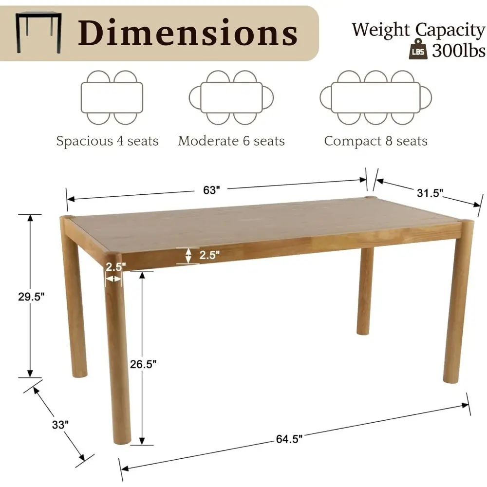 Modern Wooden Dining Table for 4 to 6 People, 64" Large Kitchen Long Table with Wood Legs Mid Century Rectangular Dinner Tables