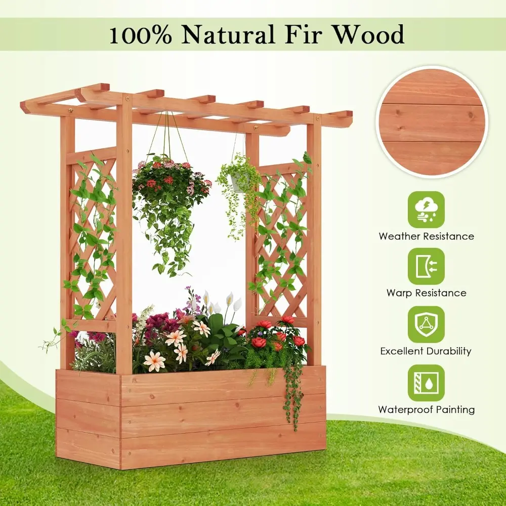HAPPYGRILL Raised Garden Bed w/Trellis, 2 Wooden Elevated Planter Box w/Hanging Roof, Drainage Holes & Removable Bottom Panels f