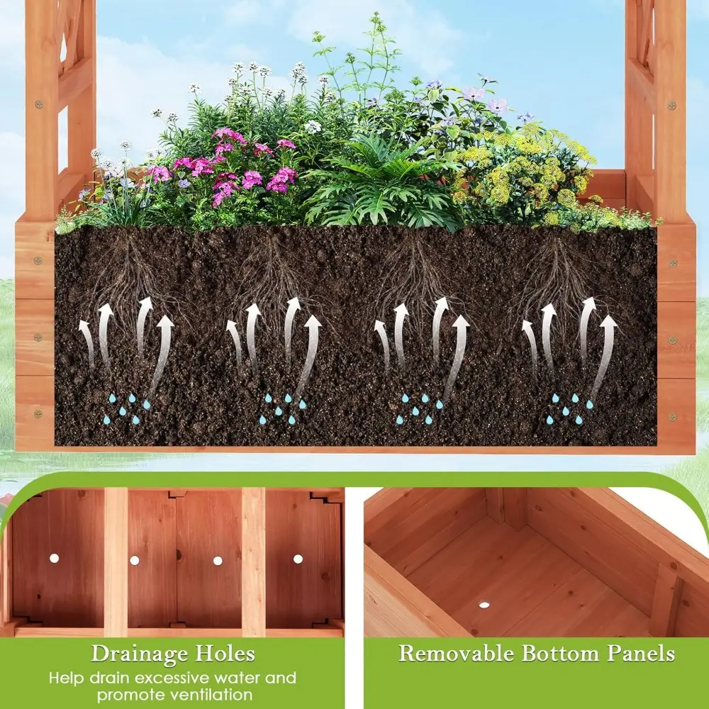HAPPYGRILL Raised Garden Bed w/Trellis, 2 Wooden Elevated Planter Box w/Hanging Roof, Drainage Holes & Removable Bottom Panels f