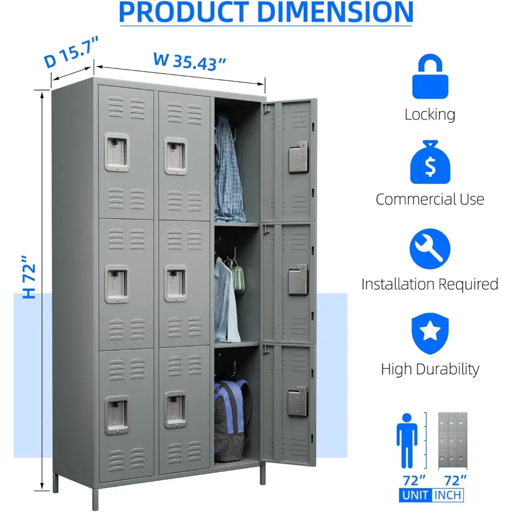 9 Doors Storage Locker Combination with 18 Hooks,Industries Double Tier Metal Locker for School Office Gym Home Employees Staff