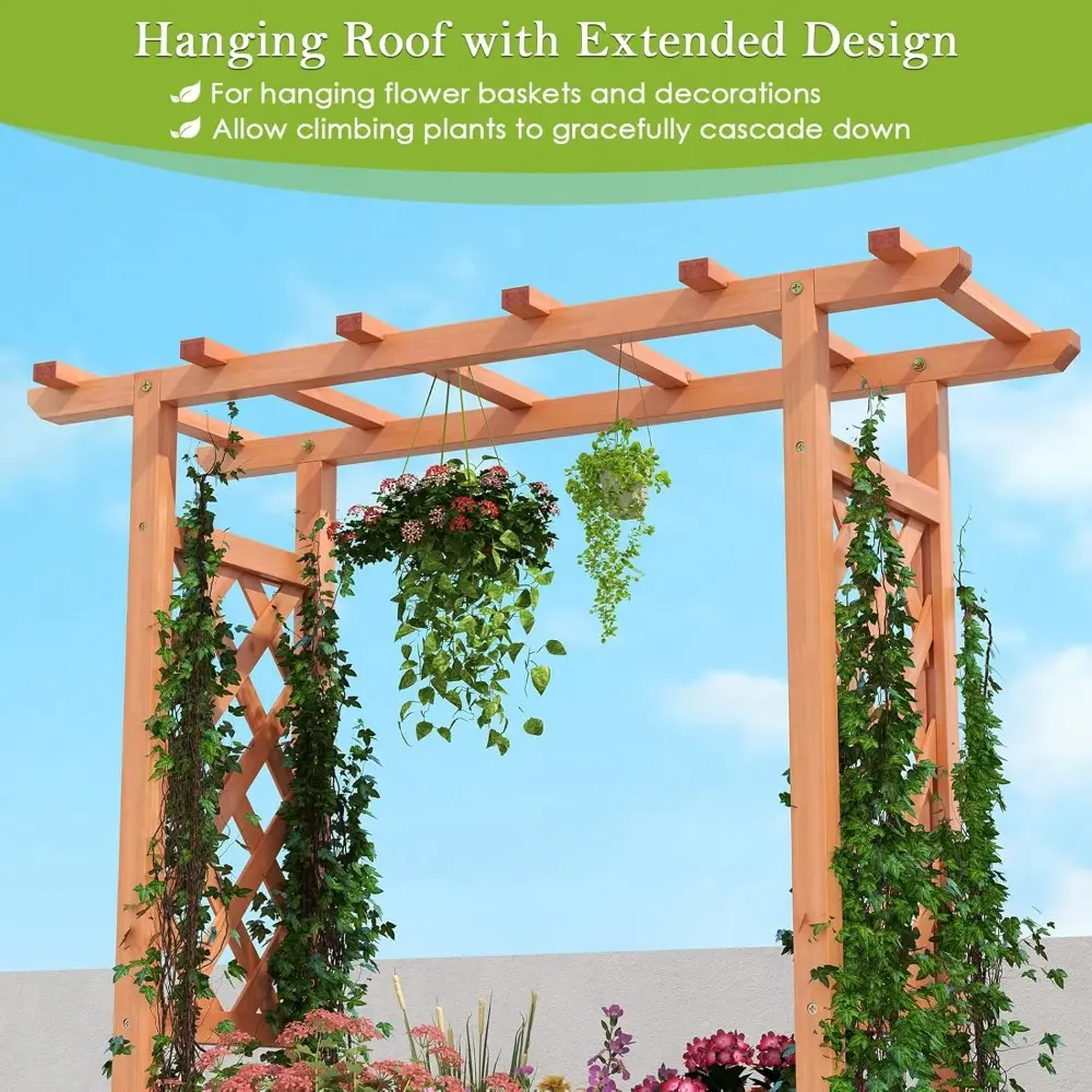 HAPPYGRILL Raised Garden Bed w/Trellis, 2 Wooden Elevated Planter Box w/Hanging Roof, Drainage Holes & Removable Bottom Panels f