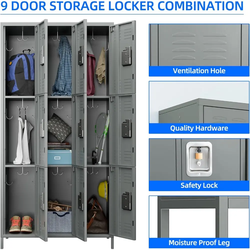 9 Doors Storage Locker Combination with 18 Hooks,Industries Double Tier Metal Locker for School Office Gym Home Employees Staff