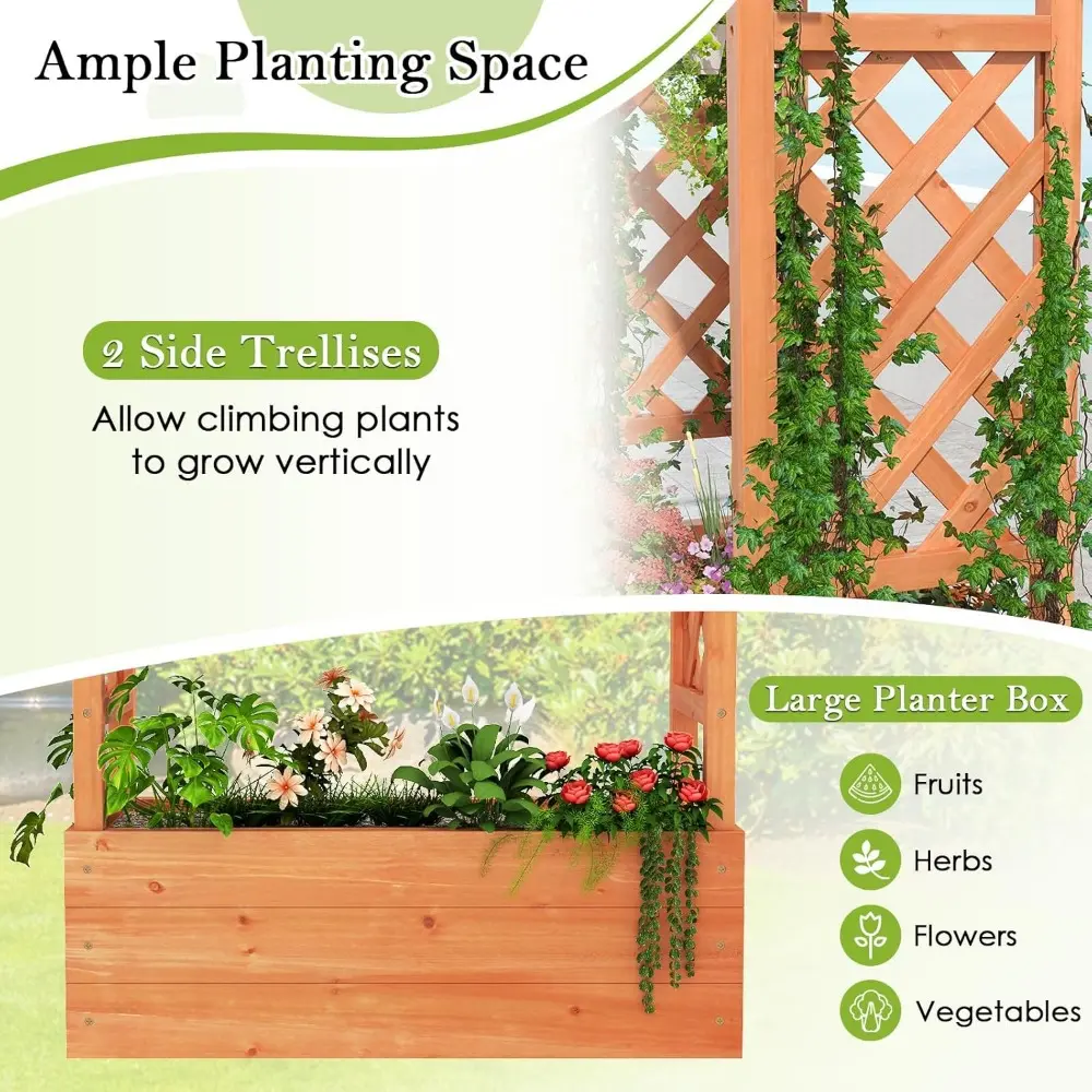 HAPPYGRILL Raised Garden Bed w/Trellis, 2 Wooden Elevated Planter Box w/Hanging Roof, Drainage Holes & Removable Bottom Panels f