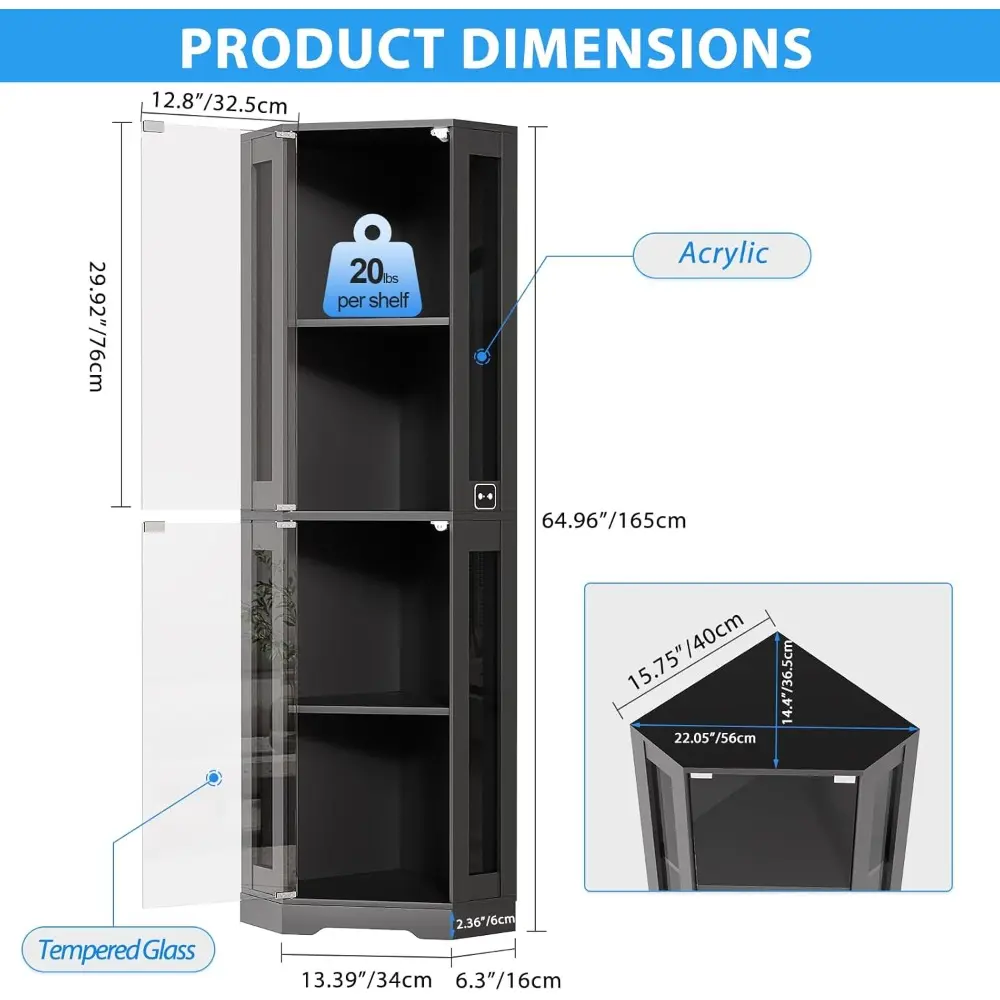 65" Corner Glass Display Cabinet with LED Lights, 4-Tier Showcase Display Case with Glass Doors & Human Body Sensor for Collecti