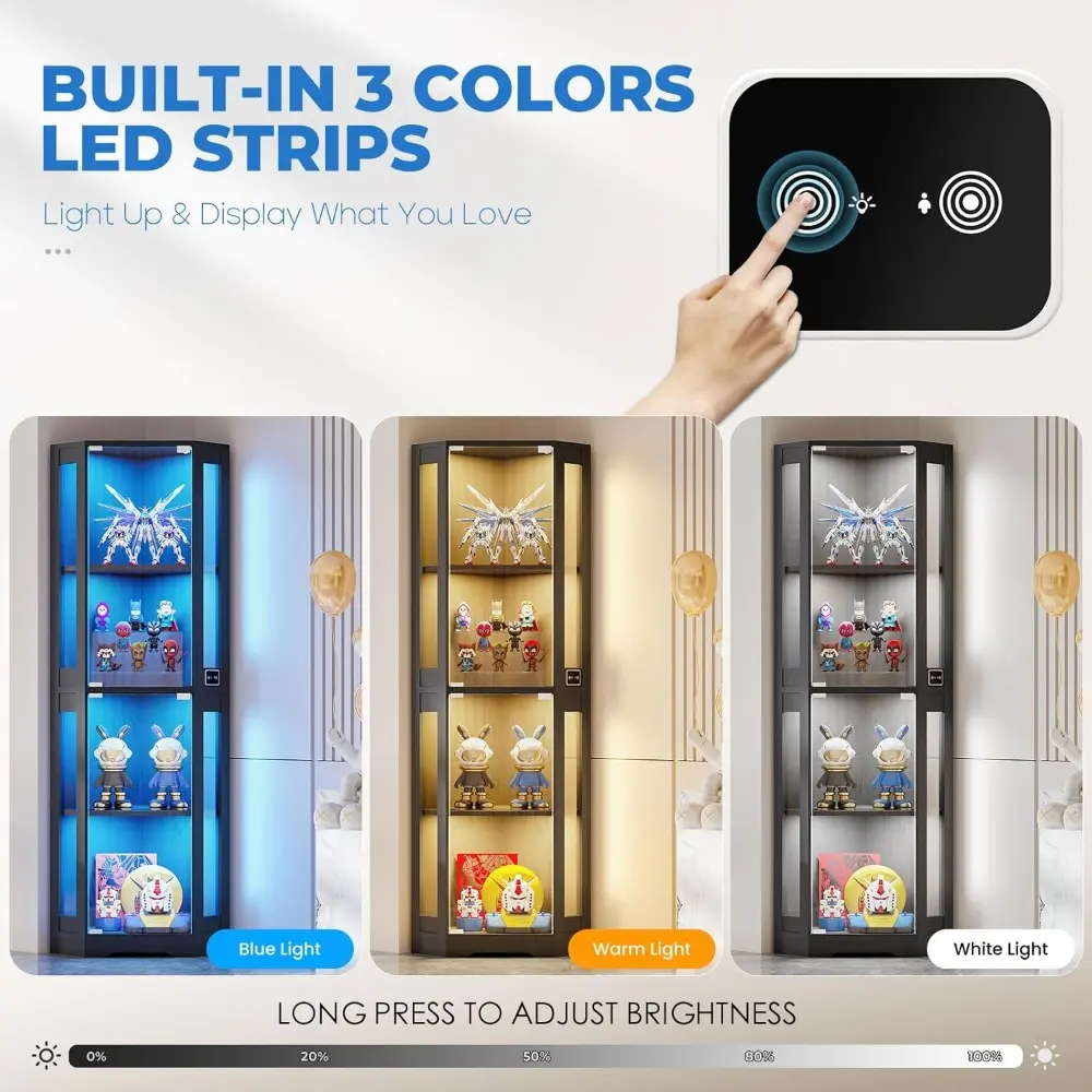 65" Corner Glass Display Cabinet with LED Lights, 4-Tier Showcase Display Case with Glass Doors & Human Body Sensor for Collecti