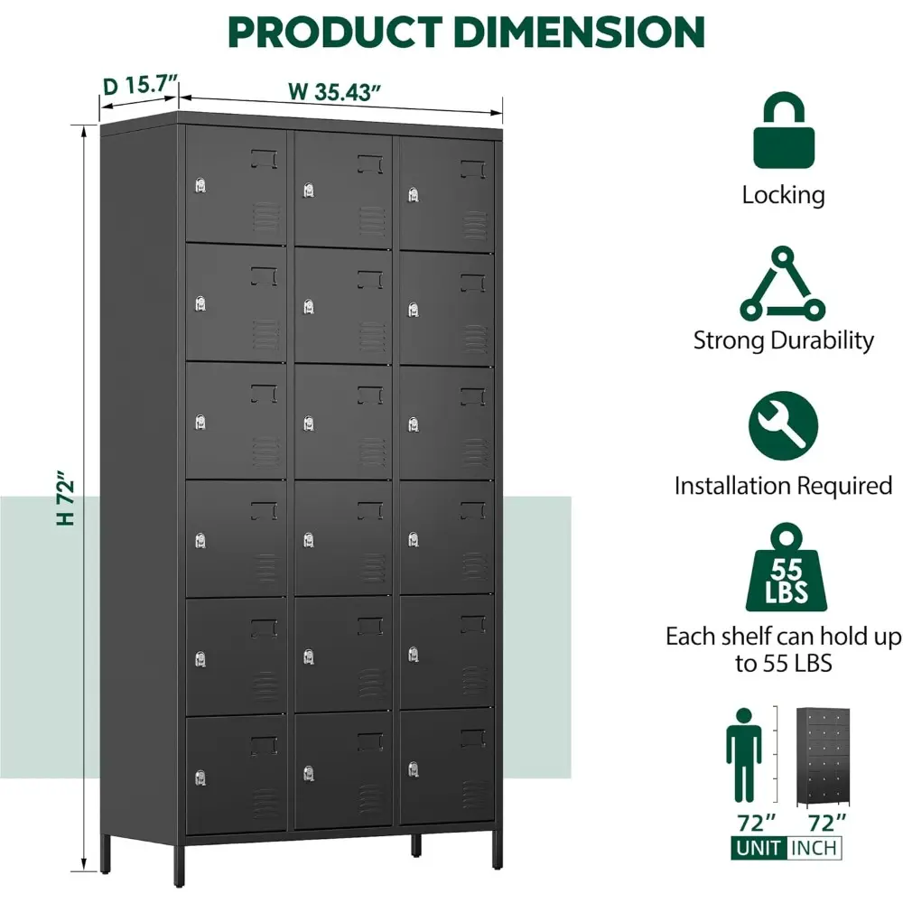 Locker Organizer with 18 Doors, Metal Lockers for Employees, Storage Steel Organizer for School, Metal Storage Cabinet for Gym,