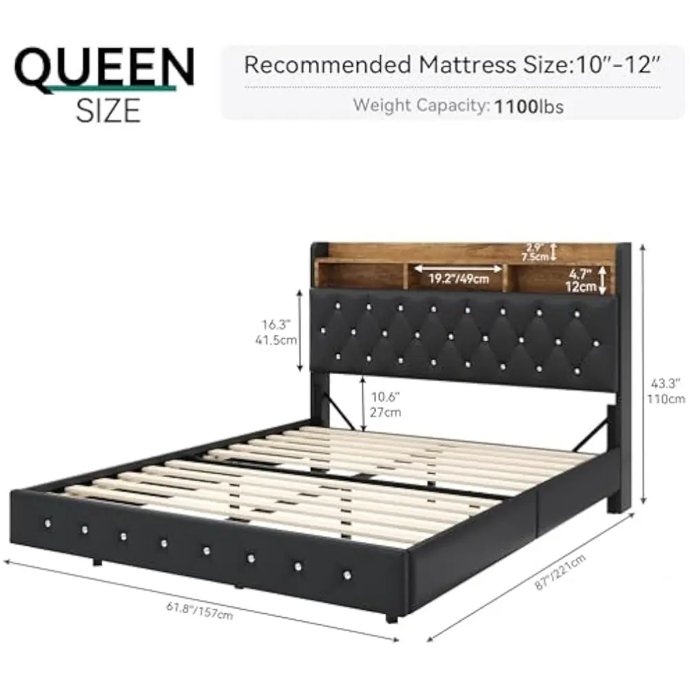 YITAHOME Floating Bed Frame Queen, Upholstered Platform Bed with RGB LED Lights, Faux Leather Crystal Button Tufted Storage Head
