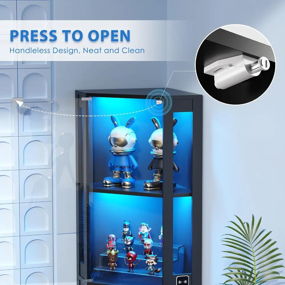 65" Corner Glass Display Cabinet with LED Lights, 4-Tier Showcase Display Case with Glass Doors & Human Body Sensor for Collecti