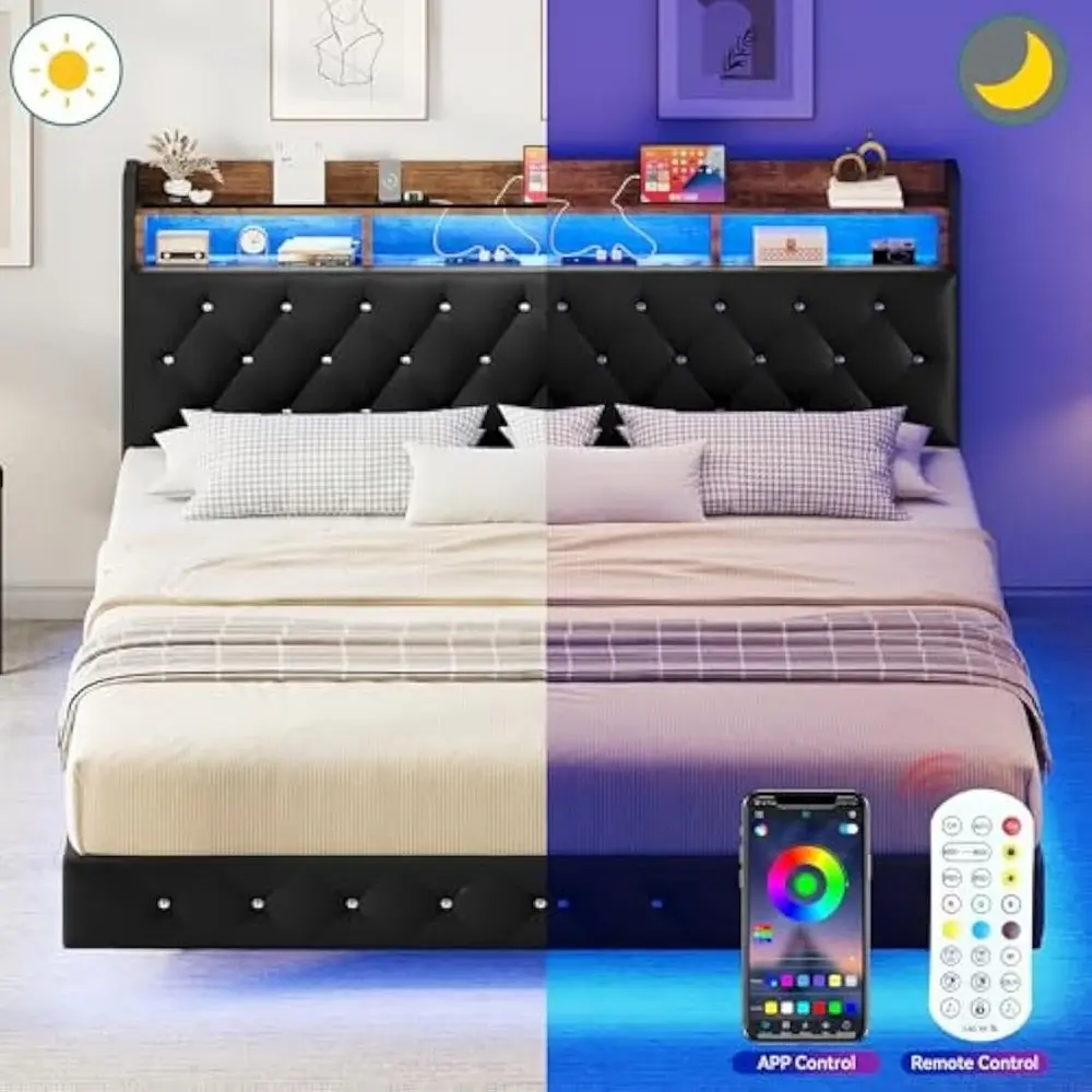 YITAHOME Floating Bed Frame Queen, Upholstered Platform Bed with RGB LED Lights, Faux Leather Crystal Button Tufted Storage Head