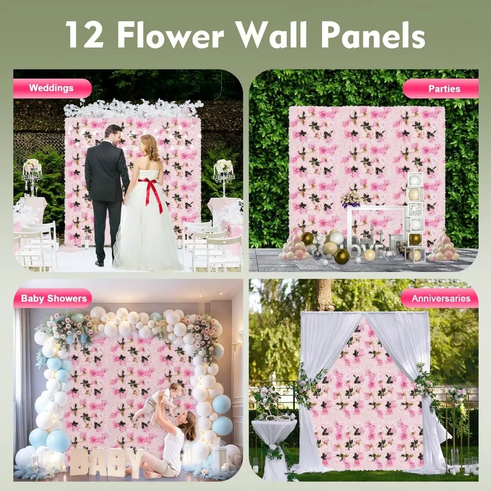 23.62" x 15.74" Artificial Flower Wall Panels Floral Backdrop, 12Pcs Artificial Flower Faux Roses Wall Background for Home Walls