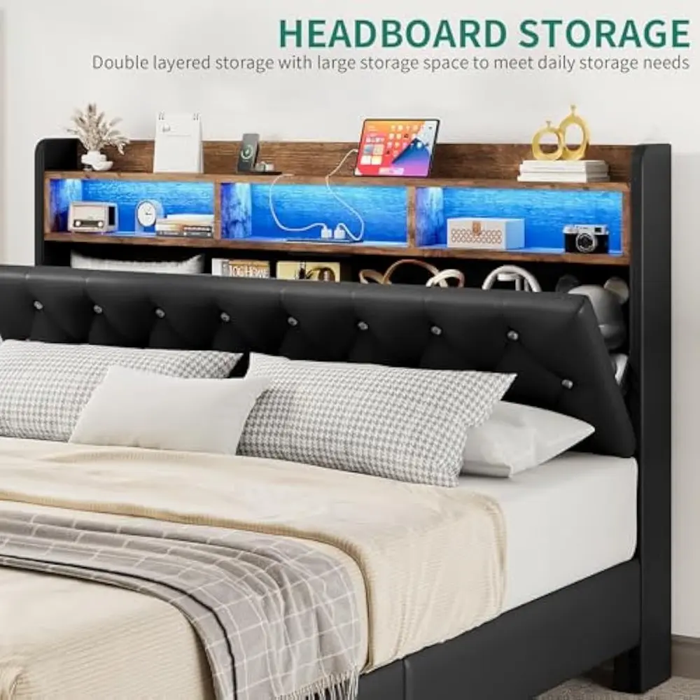 YITAHOME Floating Bed Frame Queen, Upholstered Platform Bed with RGB LED Lights, Faux Leather Crystal Button Tufted Storage Head