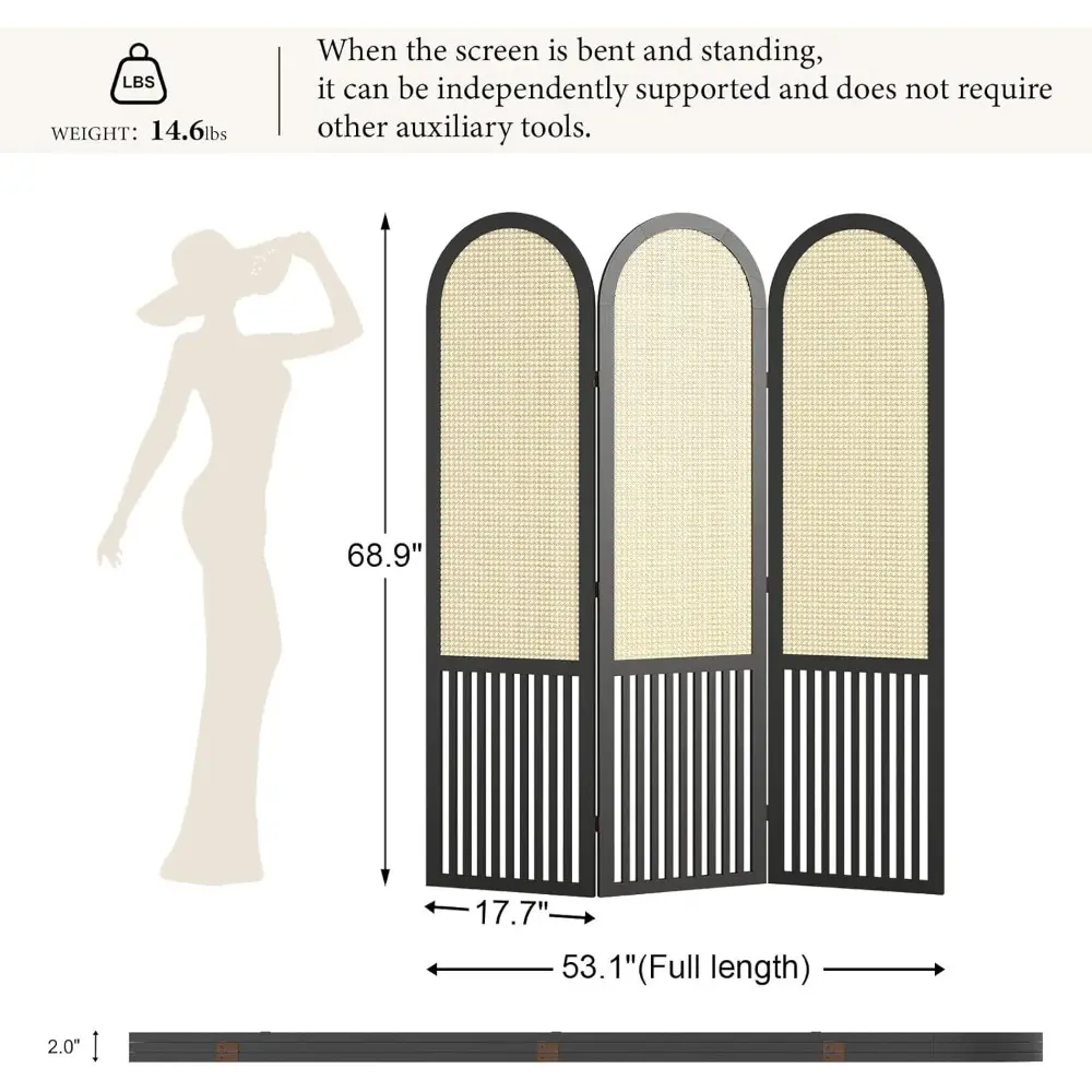 3-Panel Hand-Woven Rattan Room Divider, Tall Foldable Privacy Screen with Wooden Frame - Freestanding Portable Partition for Hom