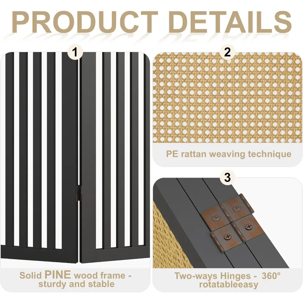 3-Panel Hand-Woven Rattan Room Divider, Tall Foldable Privacy Screen with Wooden Frame - Freestanding Portable Partition for Hom