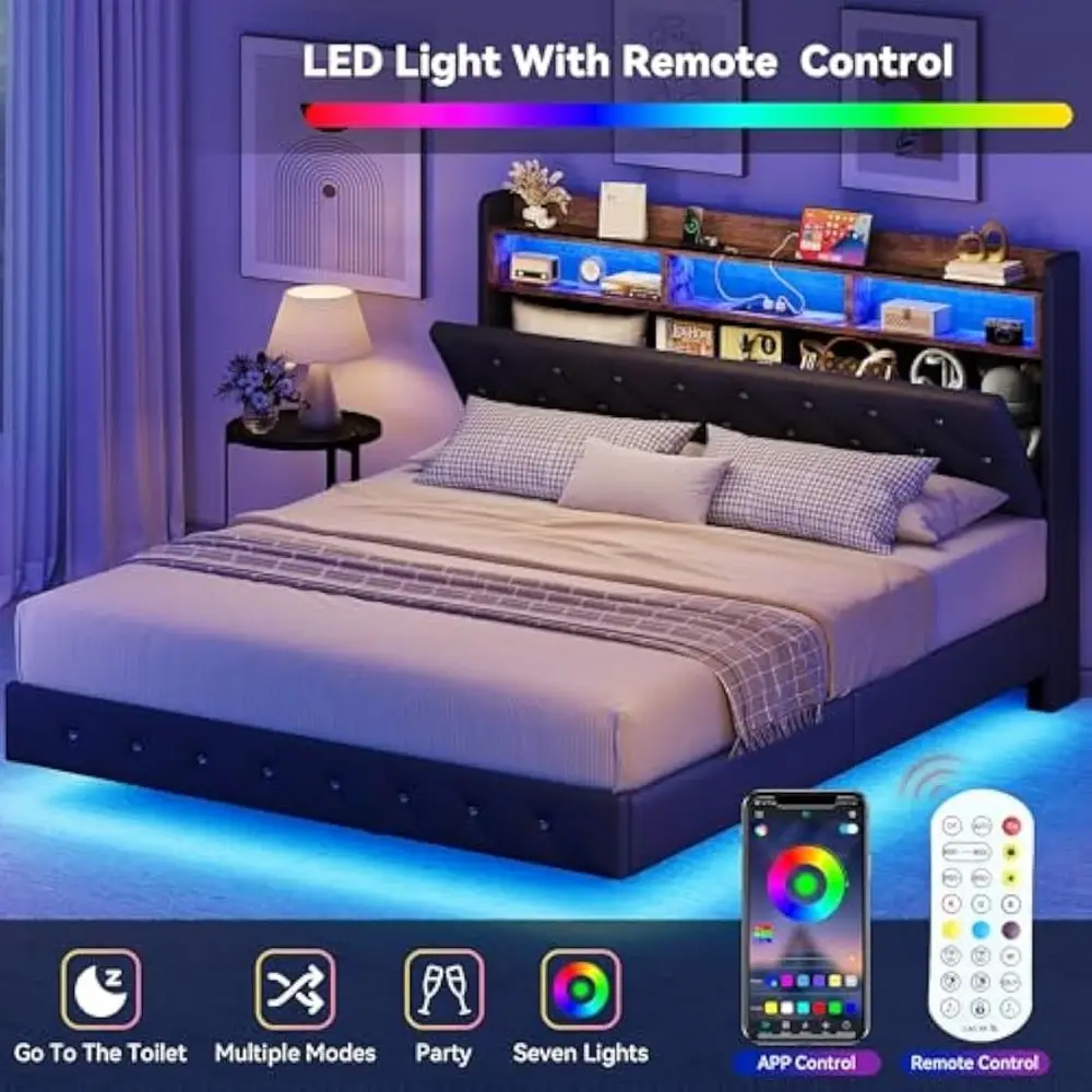 YITAHOME Floating Bed Frame Queen, Upholstered Platform Bed with RGB LED Lights, Faux Leather Crystal Button Tufted Storage Head