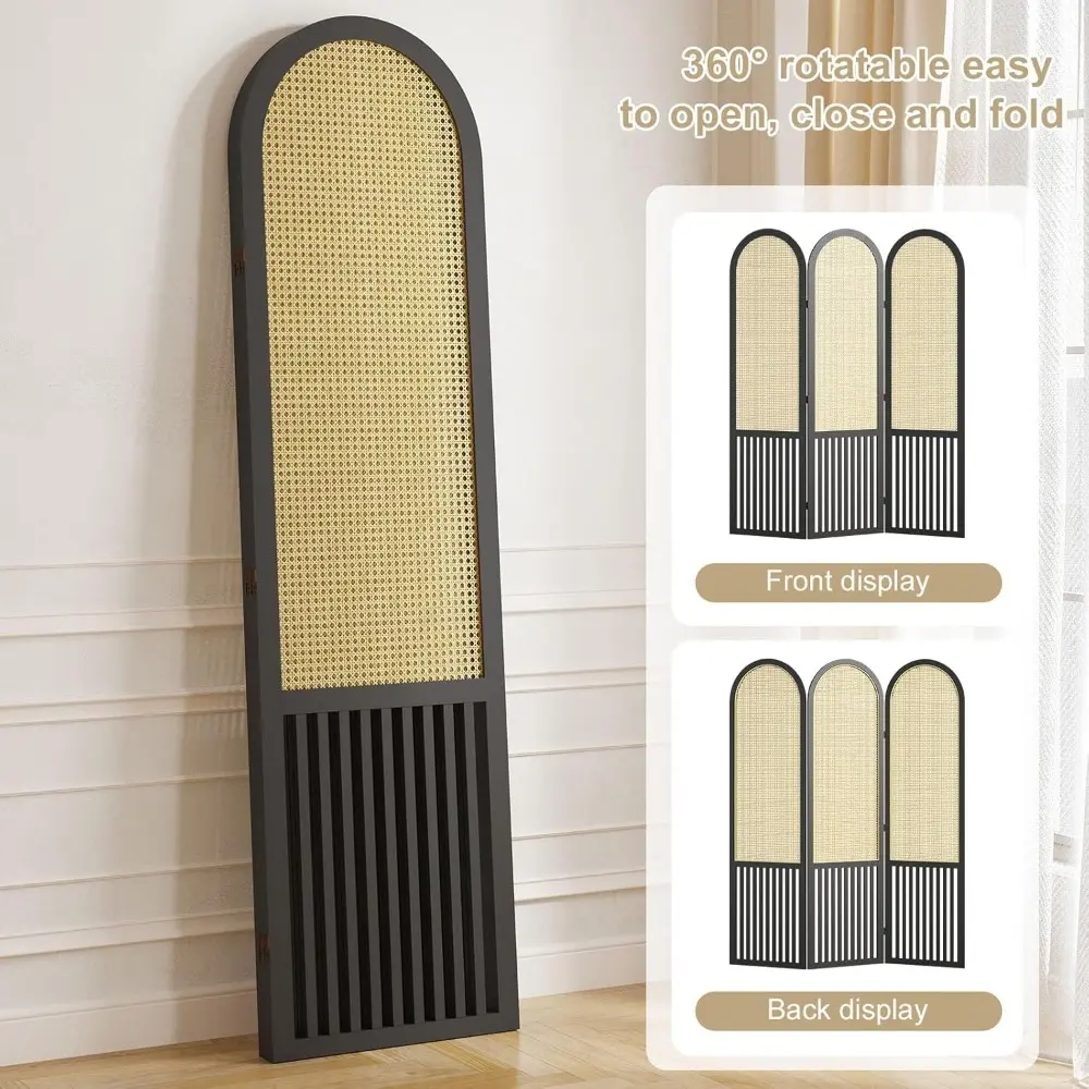 3-Panel Hand-Woven Rattan Room Divider, Tall Foldable Privacy Screen with Wooden Frame - Freestanding Portable Partition for Hom