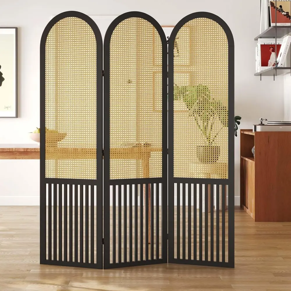 3-Panel Hand-Woven Rattan Room Divider, Tall Foldable Privacy Screen with Wooden Frame - Freestanding Portable Partition for Hom