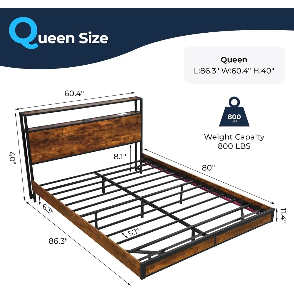 Bed Frame with 2-Tier Storage Headboard, Metal Platform Bed with Smart LED Lights & USB Charging Station, Noise-Free/Metal Suppo