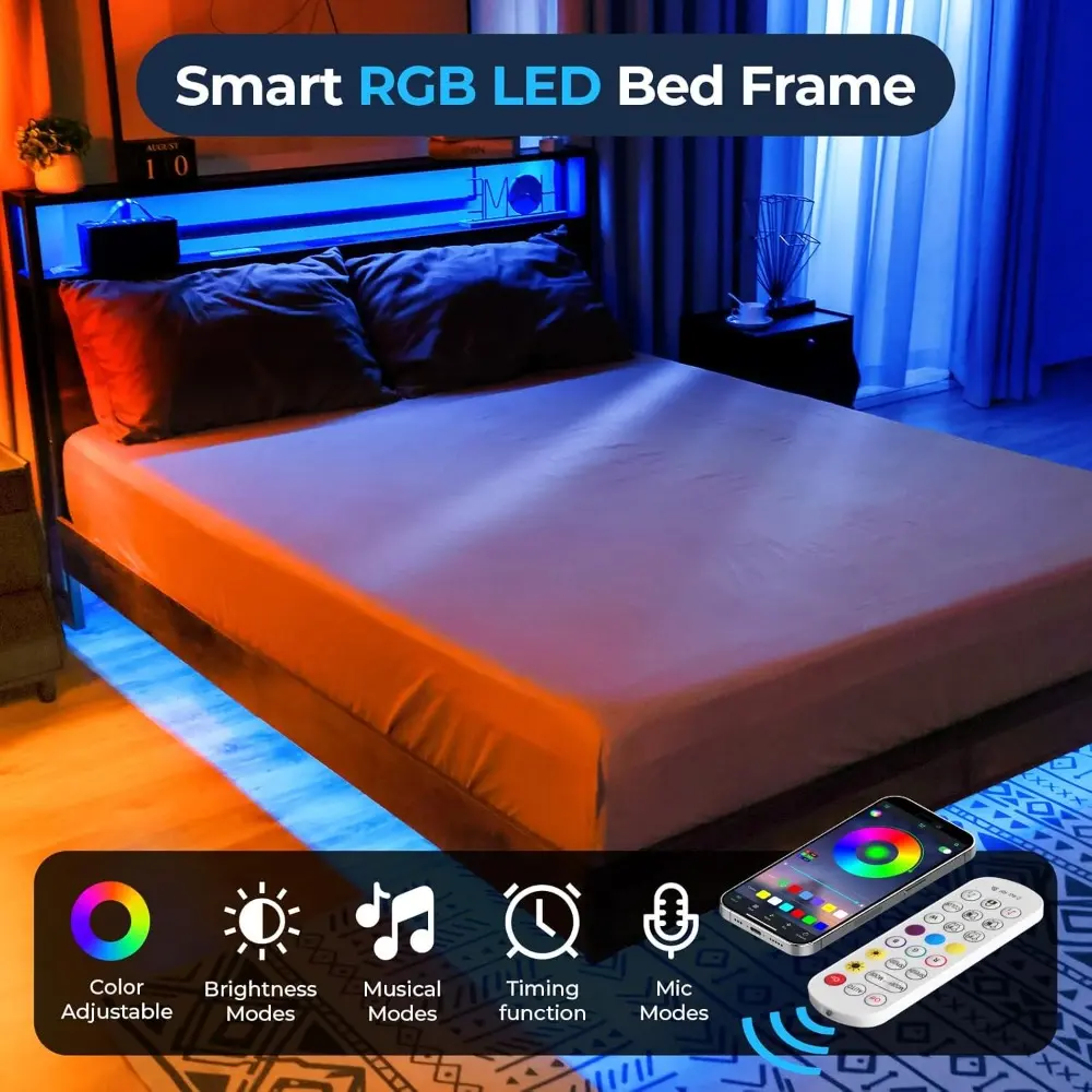 Bed Frame with 2-Tier Storage Headboard, Metal Platform Bed with Smart LED Lights & USB Charging Station, Noise-Free/Metal Suppo