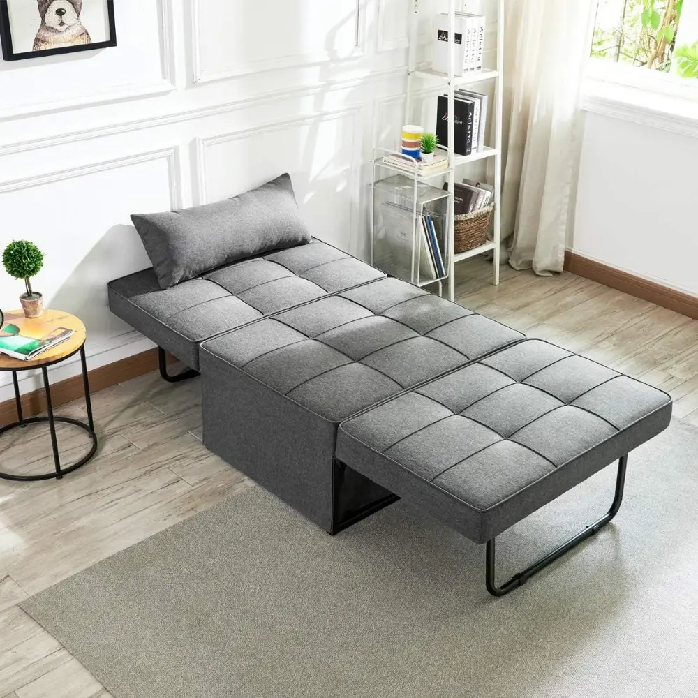 Sofa Bed, Convertible Chair 4 in 1 Multi-Function Folding Ottoman Modern Breathable Linen Guest Bed with Adjustable Sleeper for