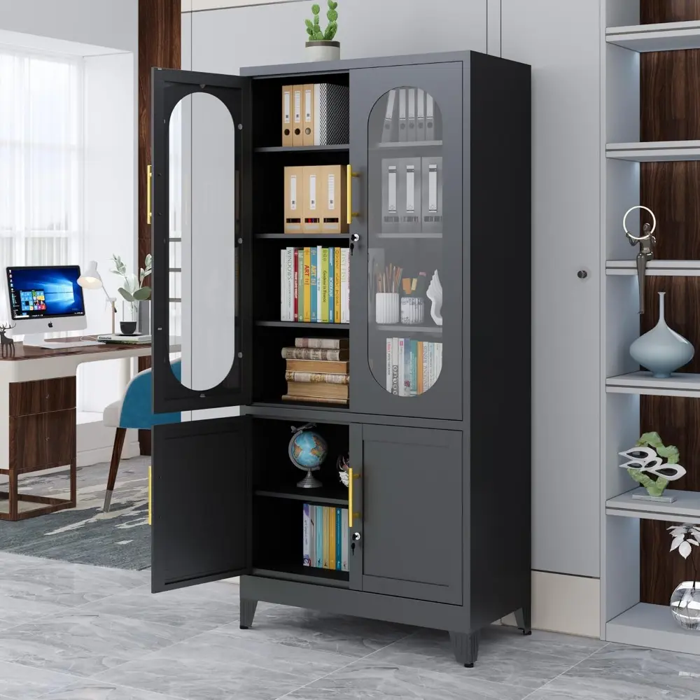 71”H Metal Storage Cabinet with Lock Glass Doors and Shelves,Steel Garage File Cabinets, Kitchen Pantry Cabinet Tall Locker Orga