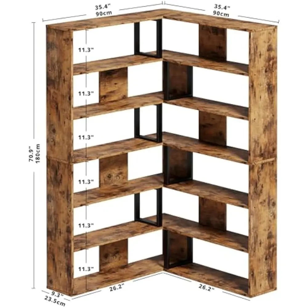Bookshelves 6-Tier with Industrial Large Corner Etagere Shelf Bookcases Display Storage Shelves for Home Office, Living Room, B