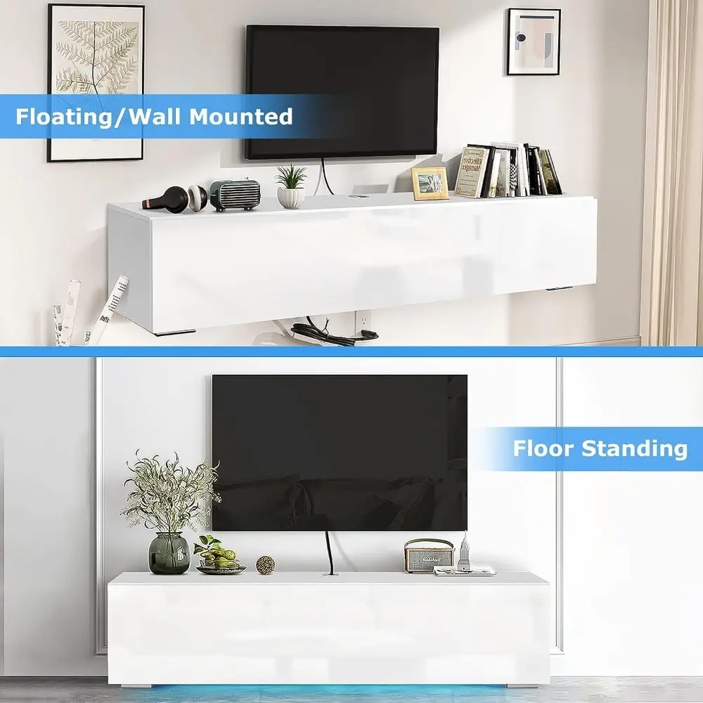 Floating TV Stand with Led Light for 63 Inch TVs Wall Mounted Led Entertainment Center with High Gloss Storage Modern Floor Whi
