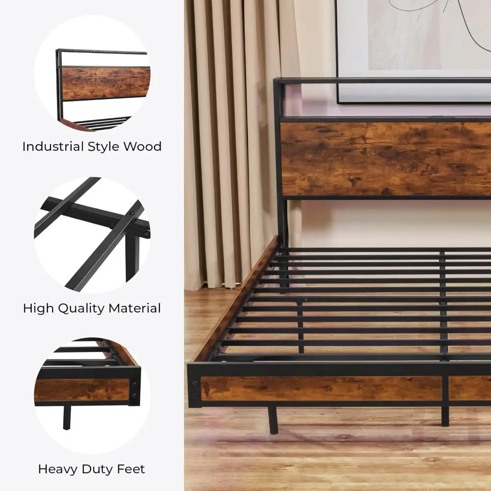 Bed Frame with 2-Tier Storage Headboard, Metal Platform Bed with Smart LED Lights & USB Charging Station, Noise-Free/Metal Suppo