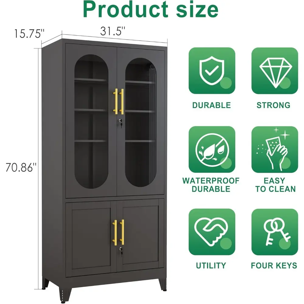 71”H Metal Storage Cabinet with Lock Glass Doors and Shelves,Steel Garage File Cabinets, Kitchen Pantry Cabinet Tall Locker Orga