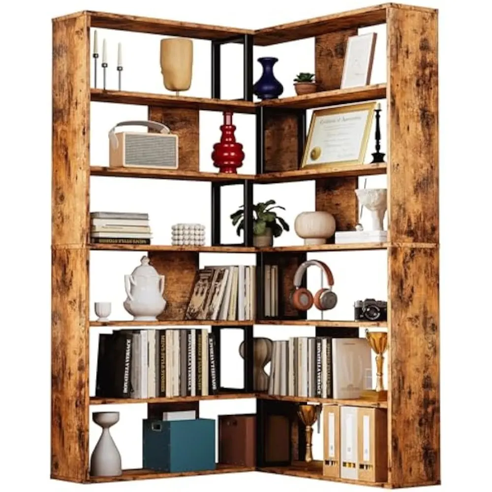 Bookshelves 6-Tier with Industrial Large Corner Etagere Shelf Bookcases Display Storage Shelves for Home Office, Living Room, B