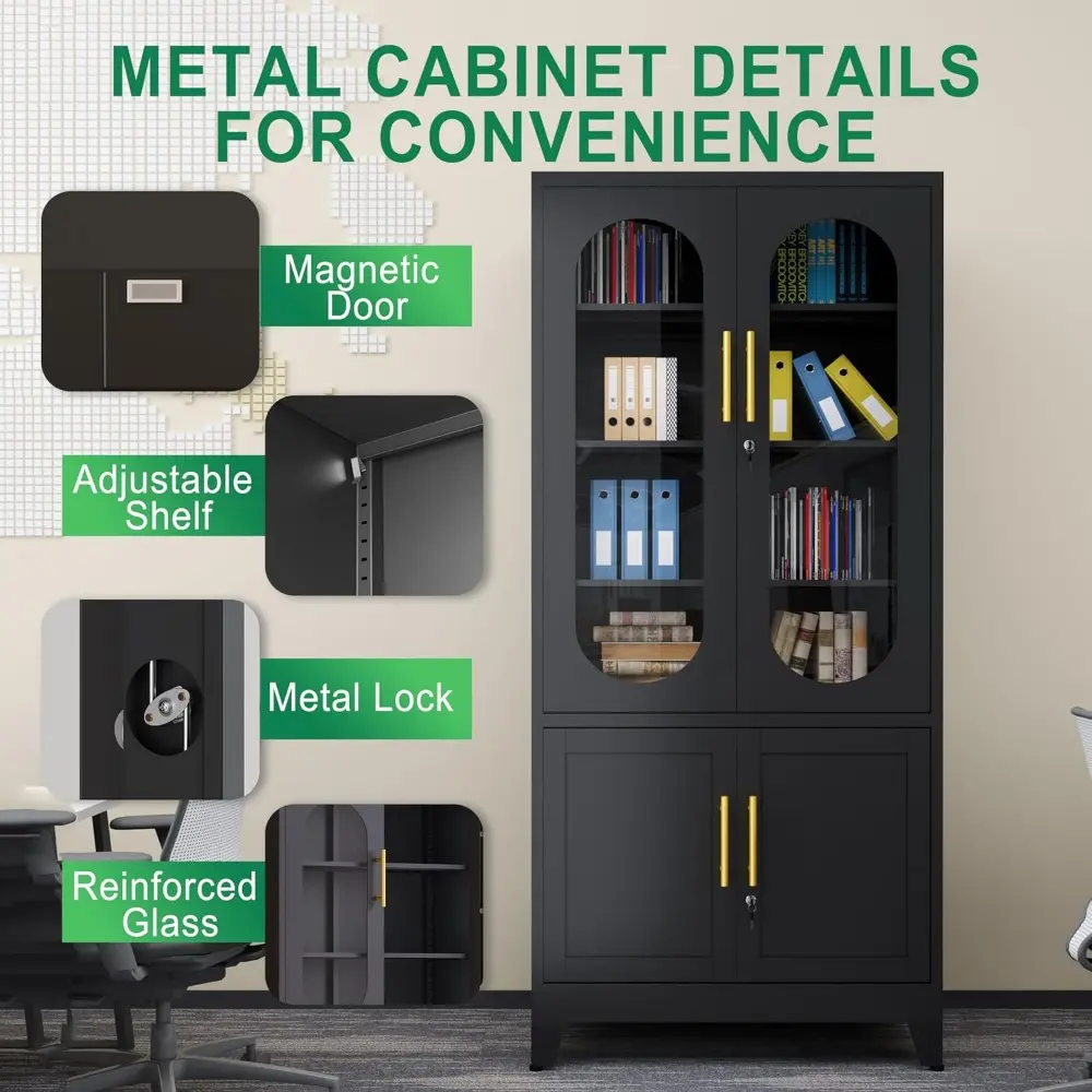 71”H Metal Storage Cabinet with Lock Glass Doors and Shelves,Steel Garage File Cabinets, Kitchen Pantry Cabinet Tall Locker Orga