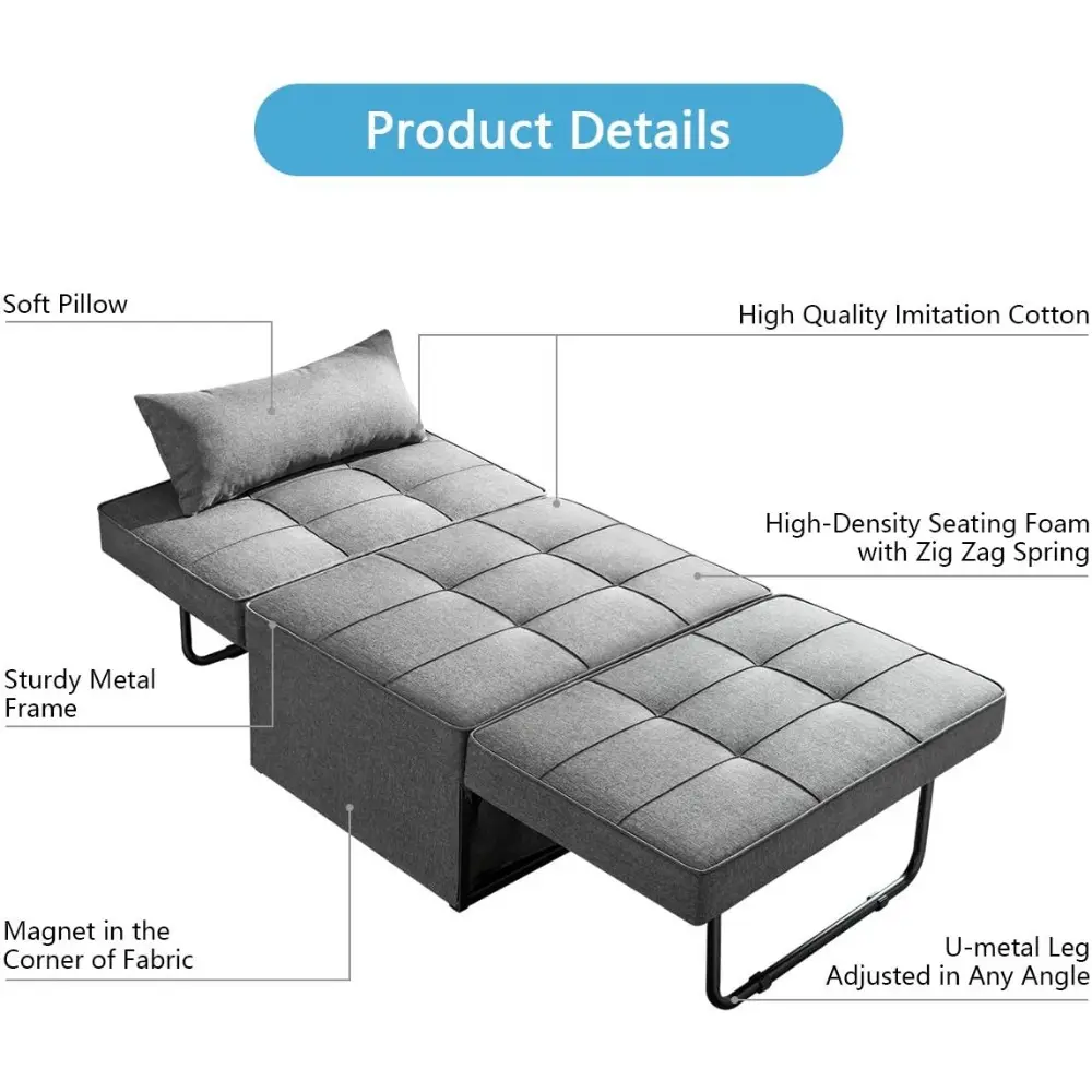 Sofa Bed, Convertible Chair 4 in 1 Multi-Function Folding Ottoman Modern Breathable Linen Guest Bed with Adjustable Sleeper for