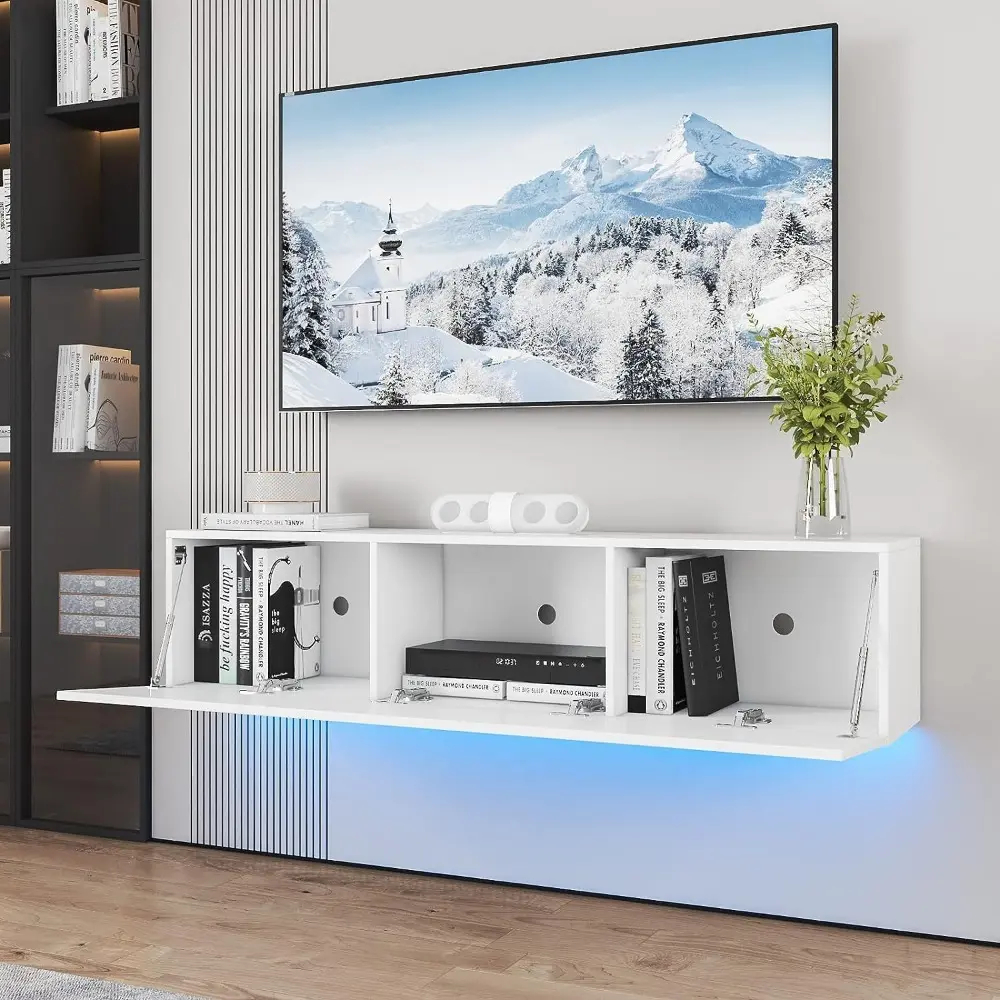 Floating TV Stand with Led Light for 63 Inch TVs Wall Mounted Led Entertainment Center with High Gloss Storage Modern Floor Whi