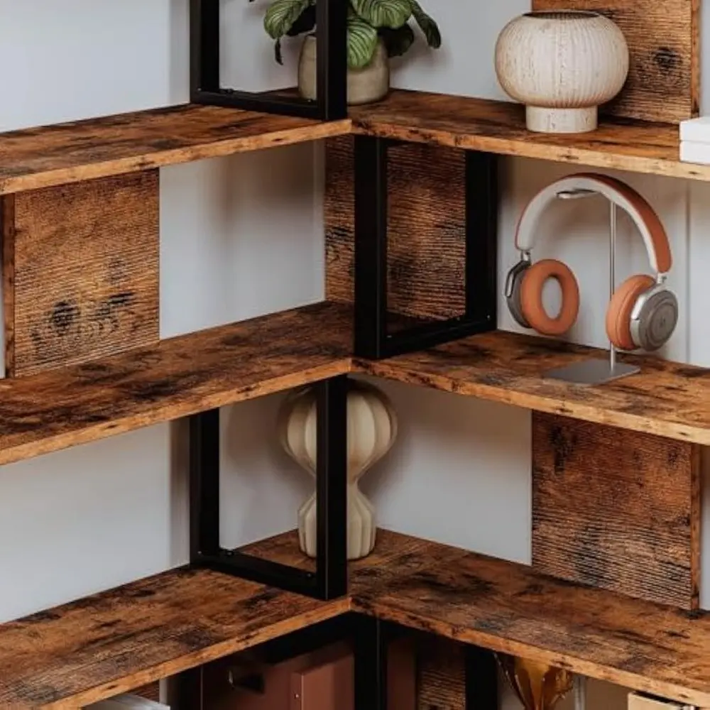 Bookshelves 6-Tier with Industrial Large Corner Etagere Shelf Bookcases Display Storage Shelves for Home Office, Living Room, B