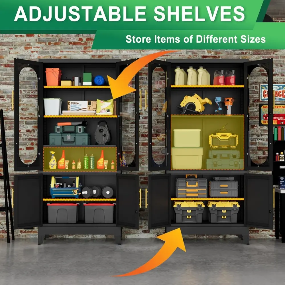 71”H Metal Storage Cabinet with Lock Glass Doors and Shelves,Steel Garage File Cabinets, Kitchen Pantry Cabinet Tall Locker Orga