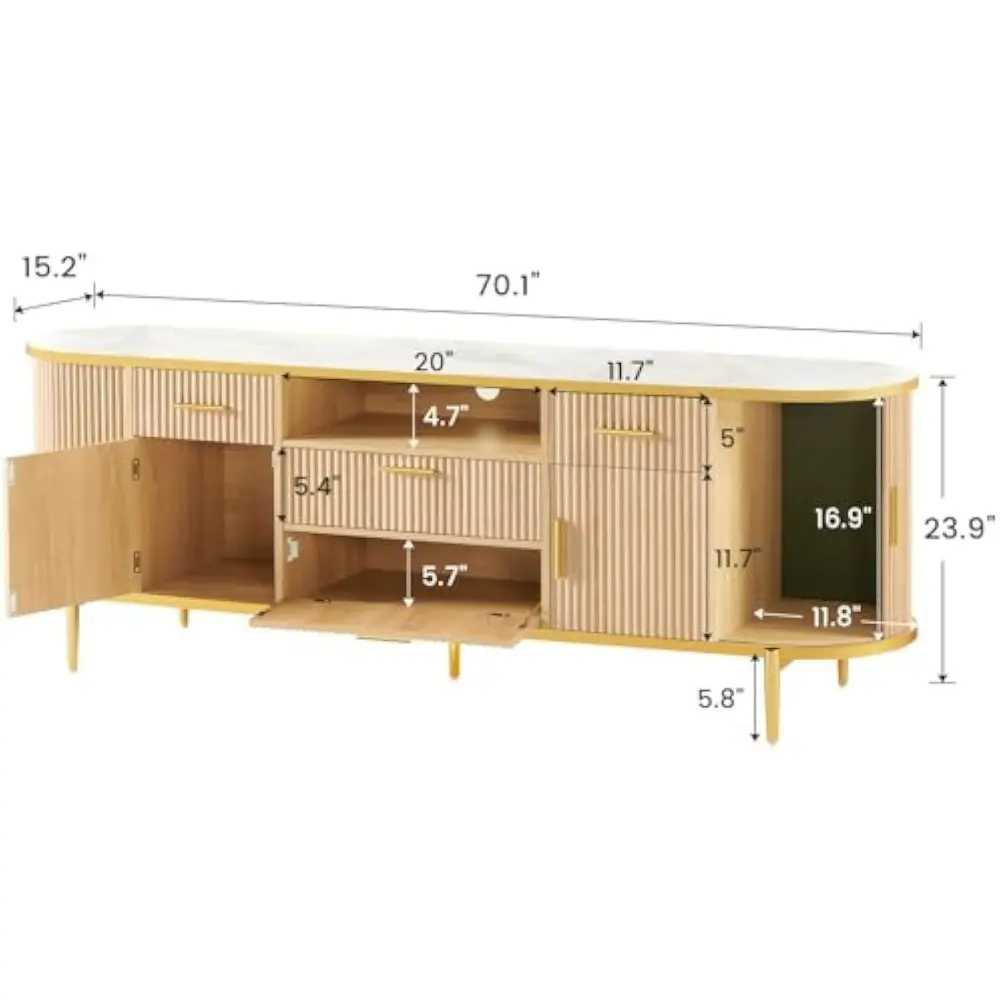 70" Fluted TV Stand, Modern Entertainment Center for 65/75/80 inch TV, TV Console with Storage and Side Silding Door, Media Con