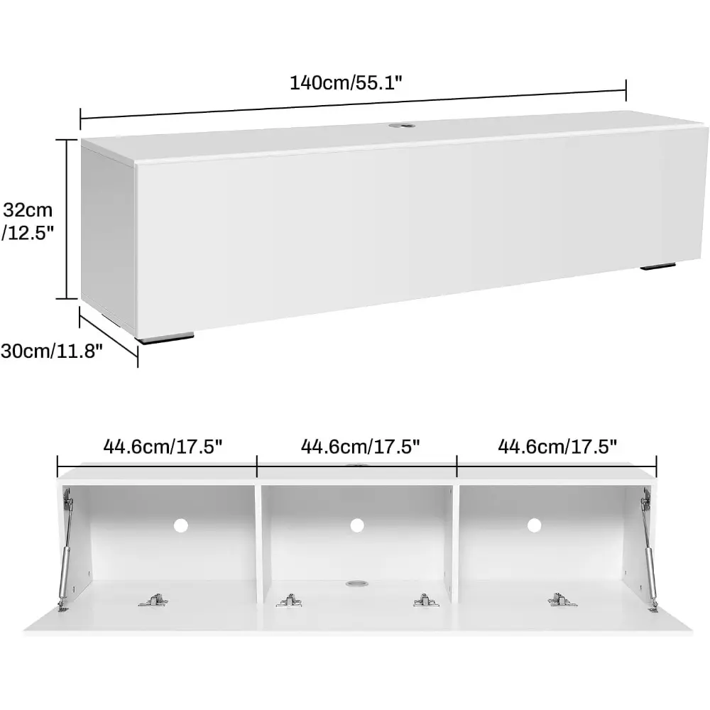 Floating TV Stand with Led Light for 63 Inch TVs Wall Mounted Led Entertainment Center with High Gloss Storage Modern Floor Whi