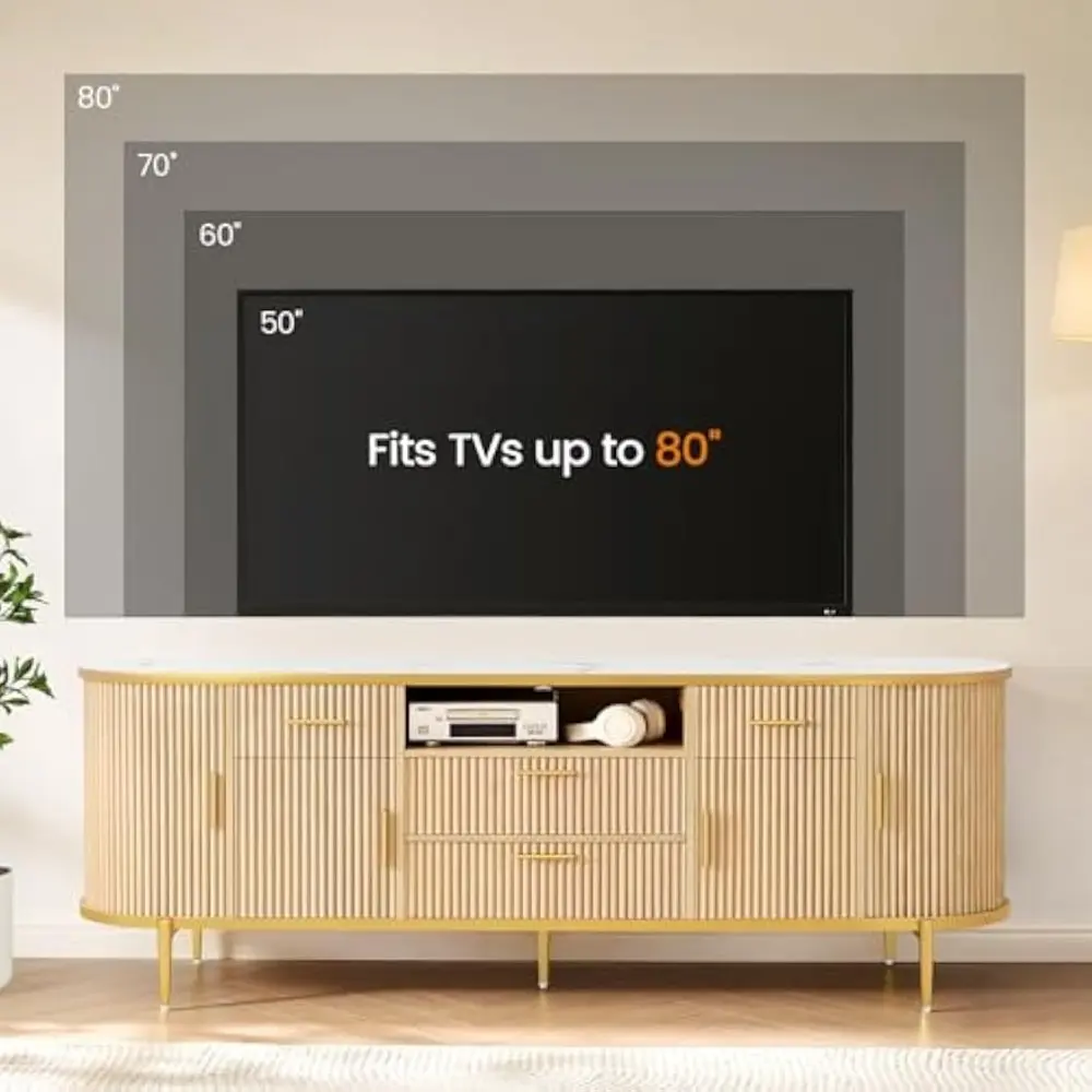 70" Fluted TV Stand, Modern Entertainment Center for 65/75/80 inch TV, TV Console with Storage and Side Silding Door, Media Con