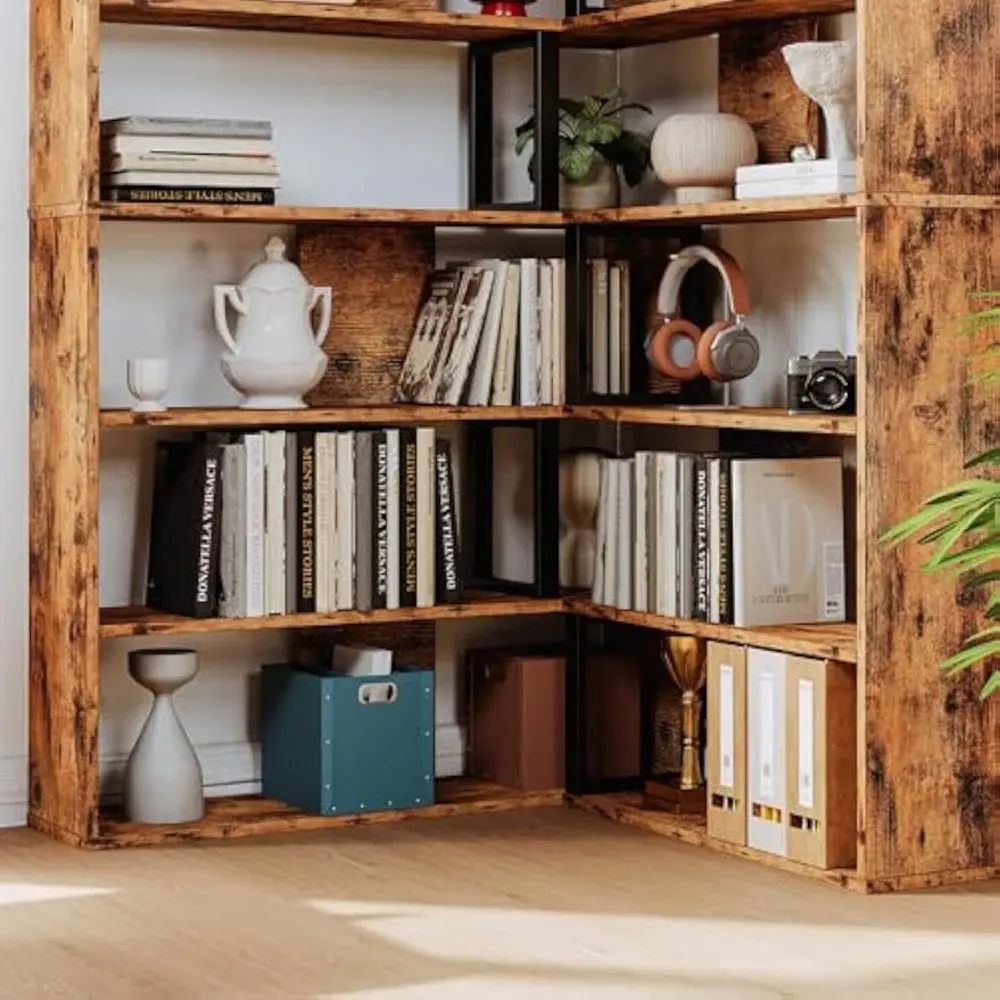 Bookshelves 6-Tier with Industrial Large Corner Etagere Shelf Bookcases Display Storage Shelves for Home Office, Living Room, B