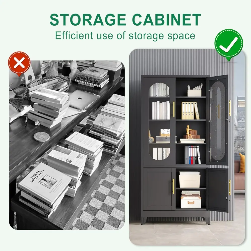 71”H Metal Storage Cabinet with Lock Glass Doors and Shelves,Steel Garage File Cabinets, Kitchen Pantry Cabinet Tall Locker Orga