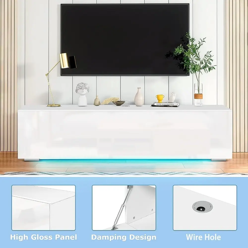 Floating TV Stand with Led Light for 63 Inch TVs Wall Mounted Led Entertainment Center with High Gloss Storage Modern Floor Whi