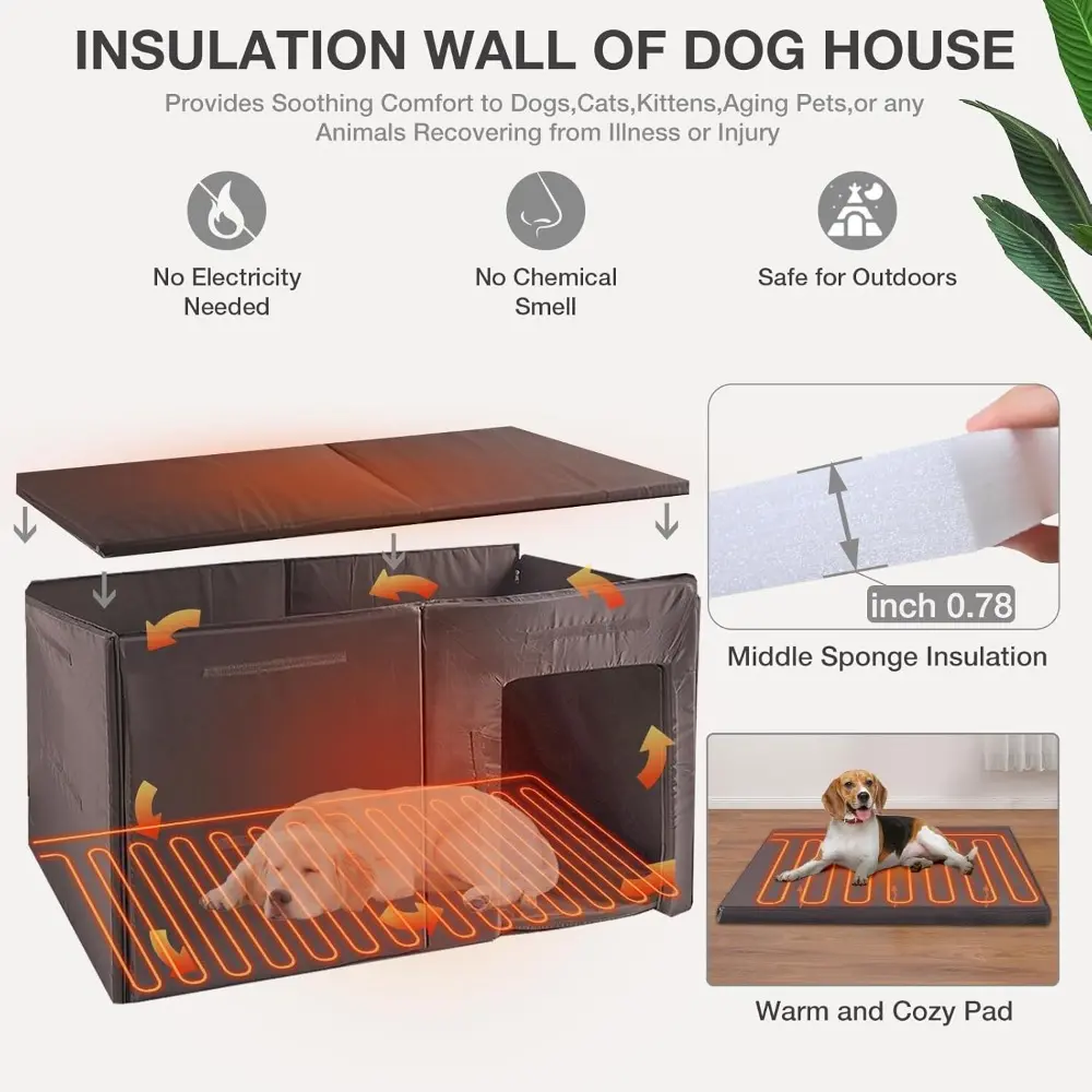 Large Heated Dog House with Insulated Liner for Outdoor - Waterproof Outside Dog Kennel for Medium and Large Dog with All-Around