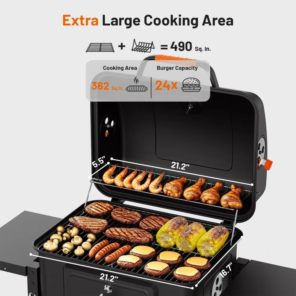 24-Inch Movable Charcoal Grill with Two Side Tables, Large BBQ Grills with 490 Sq.In.Cooking Area, Outdoor Barbecue Grill with