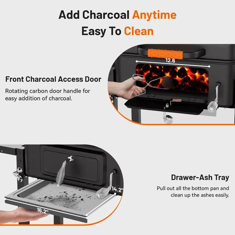 24-Inch Movable Charcoal Grill with Two Side Tables, Large BBQ Grills with 490 Sq.In.Cooking Area, Outdoor Barbecue Grill with