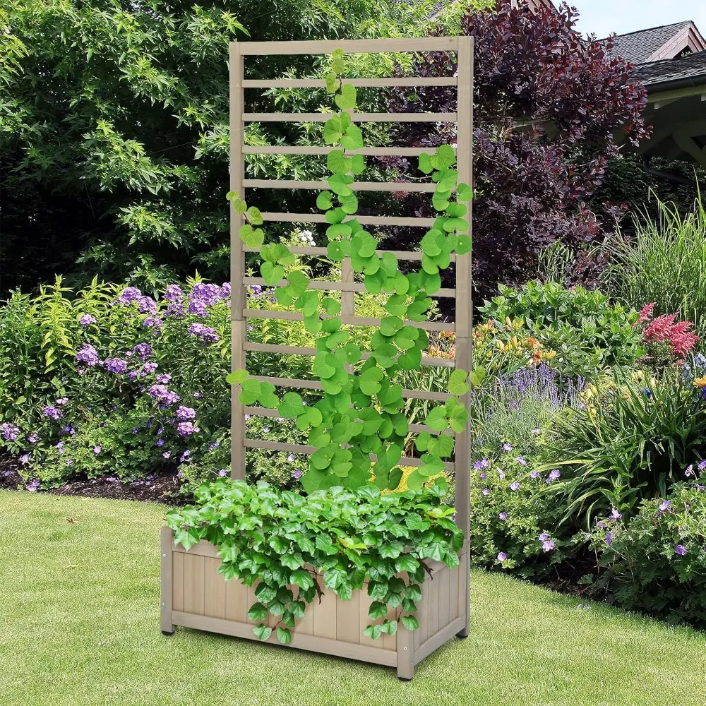 Giantex Set of 2 Raised Garden Bed with Trellis, Wood Planter Box for Flower Climbing, Standing Vertical Indoor Outdoor Plant Co