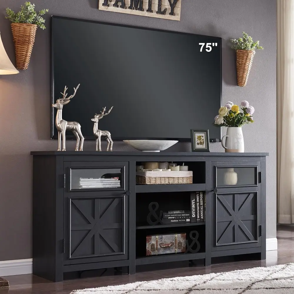 Farmhouse TV Stand for 75 Inch TV, Entertainment Center with Storage, Rustic TV Cabinet with Barn Doors, 66" TV Console for Liv