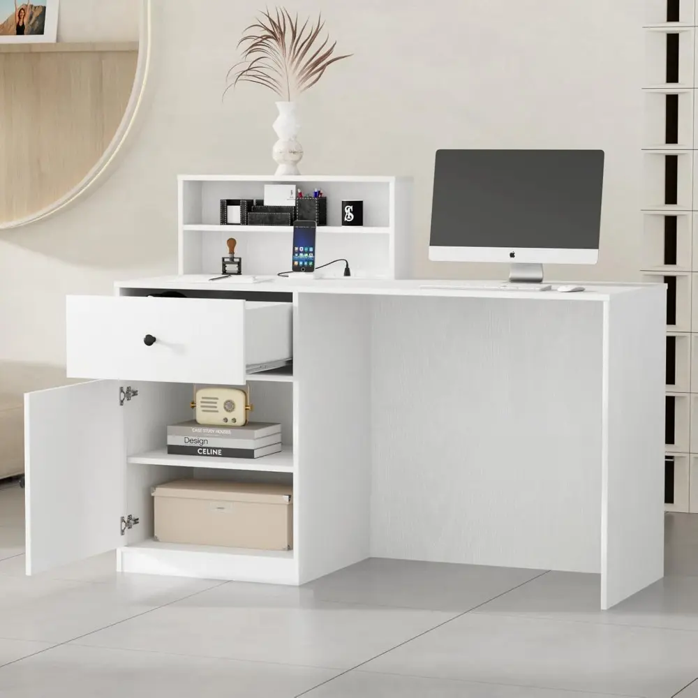 Small Morden Reception Desk with LED Lighting, 39.4" H Office Counter with Storage Drawers, Secretary Desk with Power Outlets,