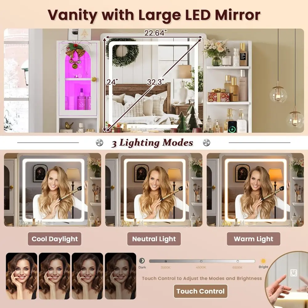 White Vanity Desk with Mirror and LED Lights, Large Makeup Vanity Desk with 7 Drawers, Storage Shelves and RGB Glass Cabinet, D