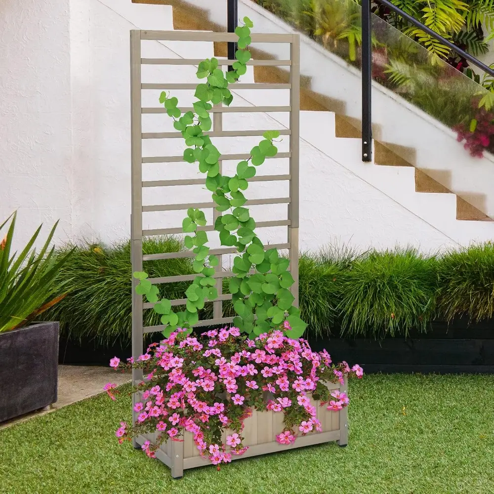 Giantex Set of 2 Raised Garden Bed with Trellis, Wood Planter Box for Flower Climbing, Standing Vertical Indoor Outdoor Plant Co